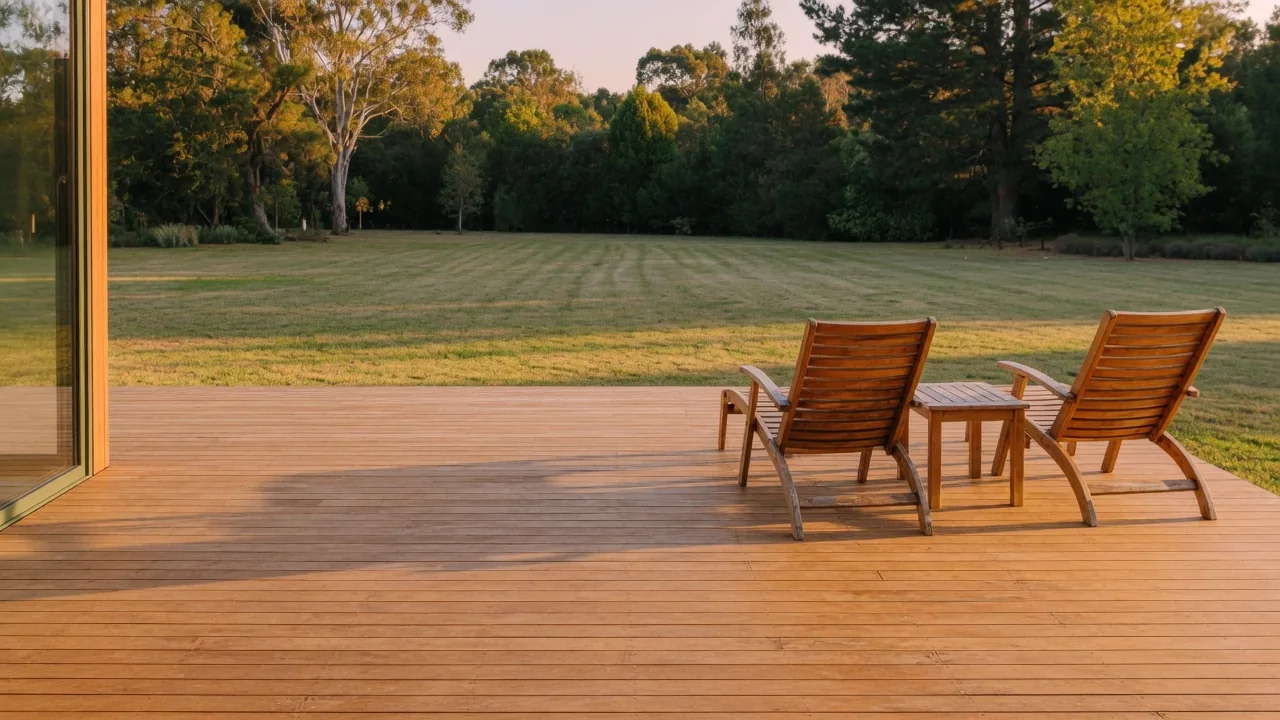 Example timber deck with a railing in evening light
