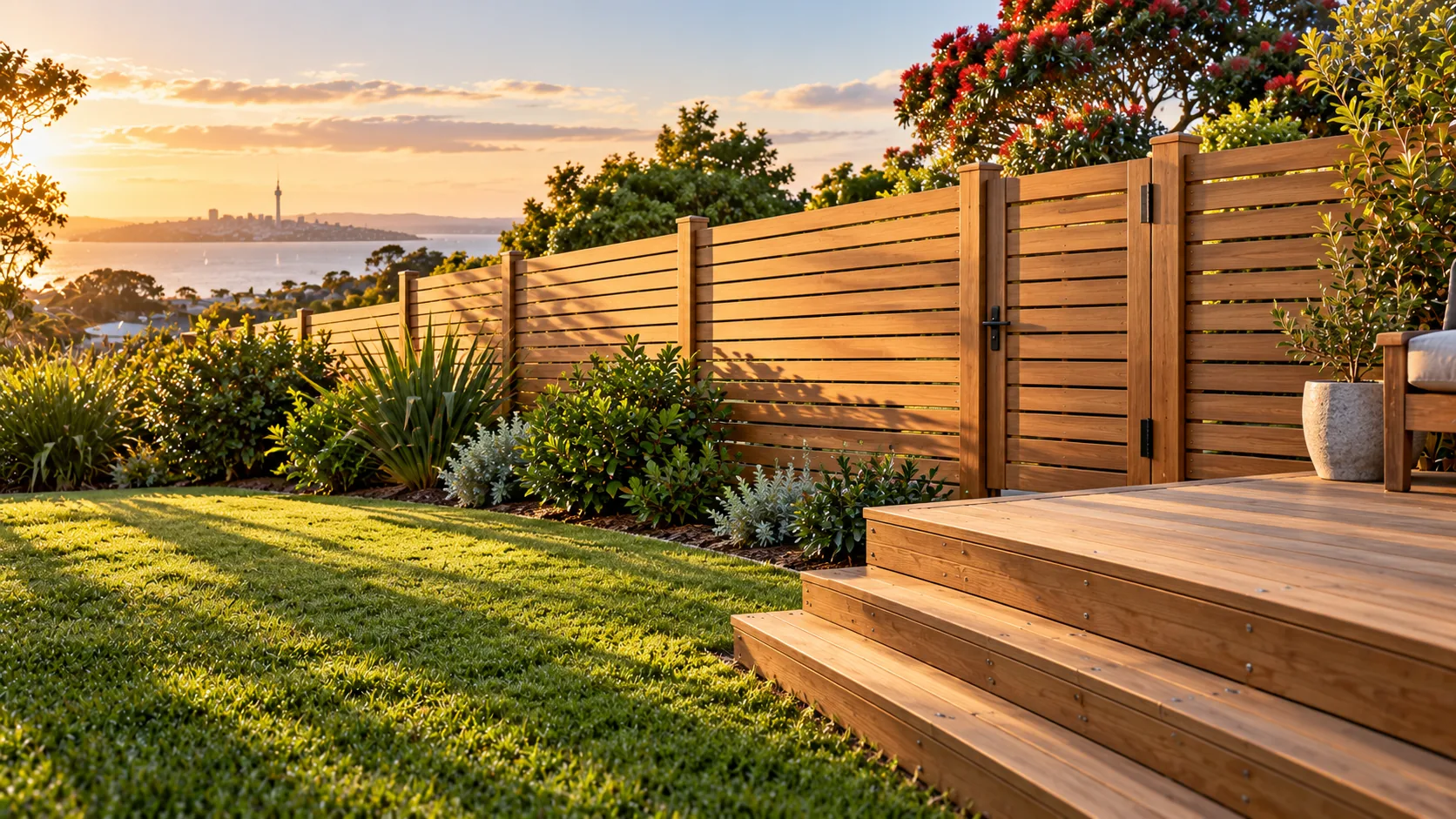 Modern horizontal timber fence, matching gate and deck overlooking Auckland Harbour at golden hour