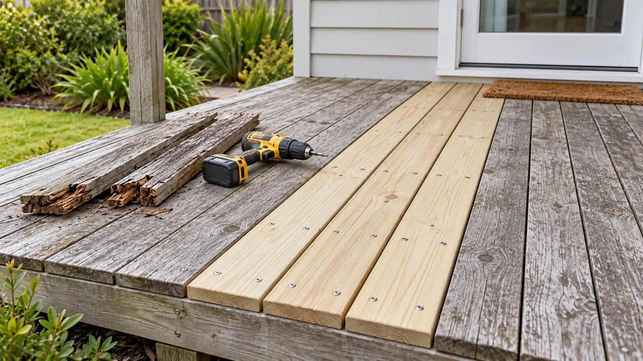 Example of new deck boards replacing a rotten section of an older deck