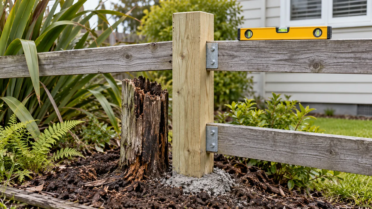 New fence post concreted beside the rotten stump it replaces
